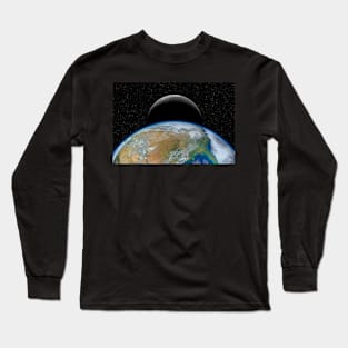 Planet Earth and crescent Moon against dark starry sky Long Sleeve T-Shirt